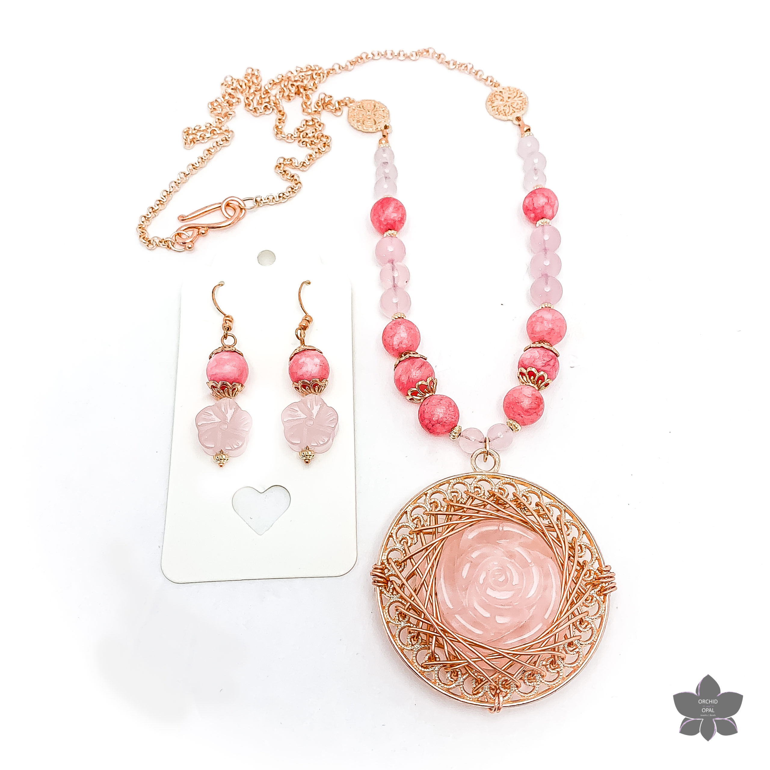 Carved Rose Quartz Pendant Necklace Set | ORCHID and OPAL