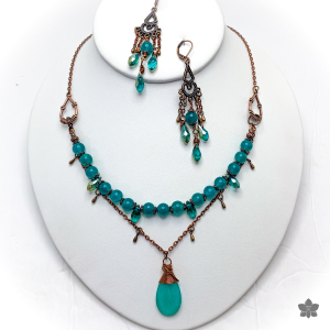 teal quartz and copper pendant necklace and earrings
