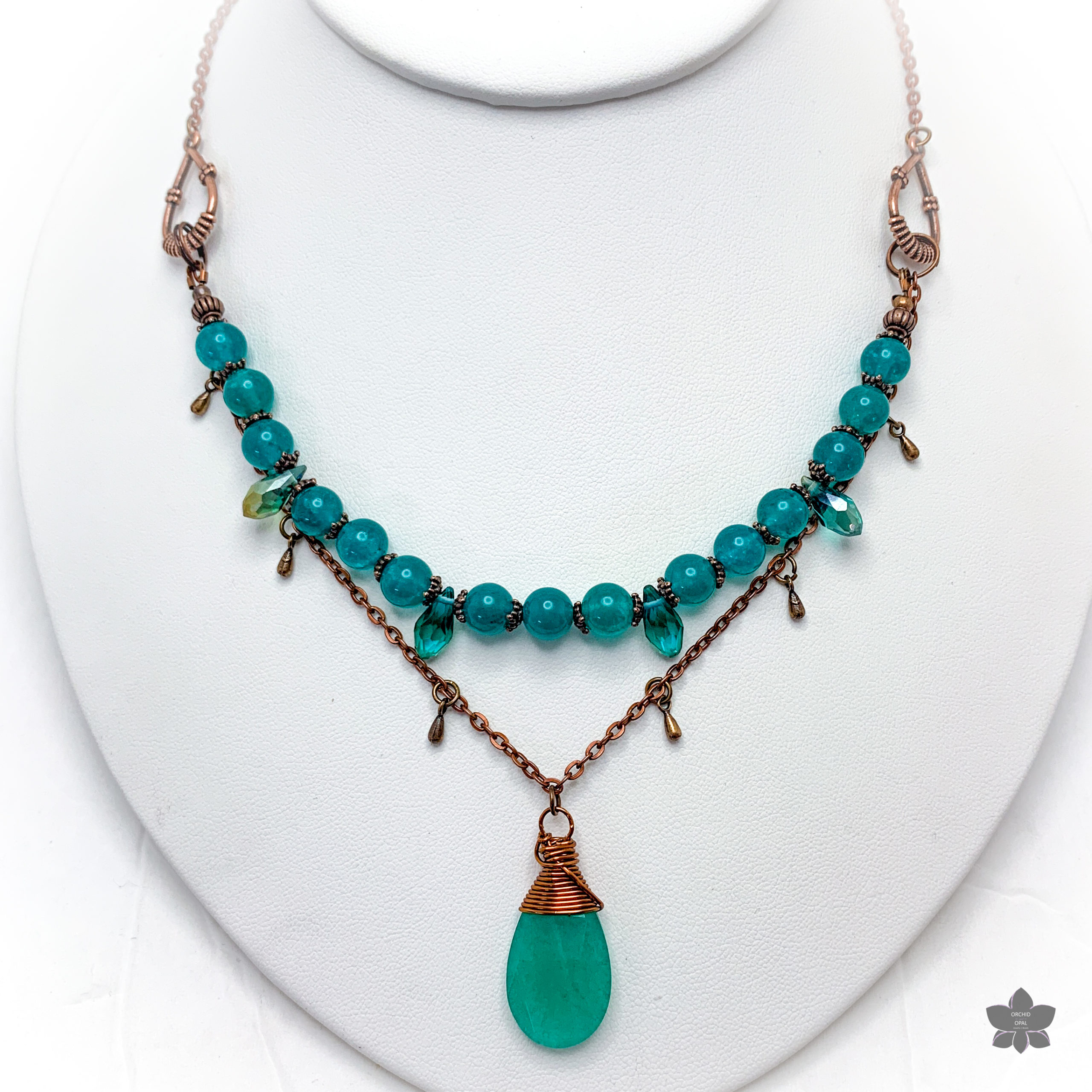 teal quartz and copper pendant necklace and earrings