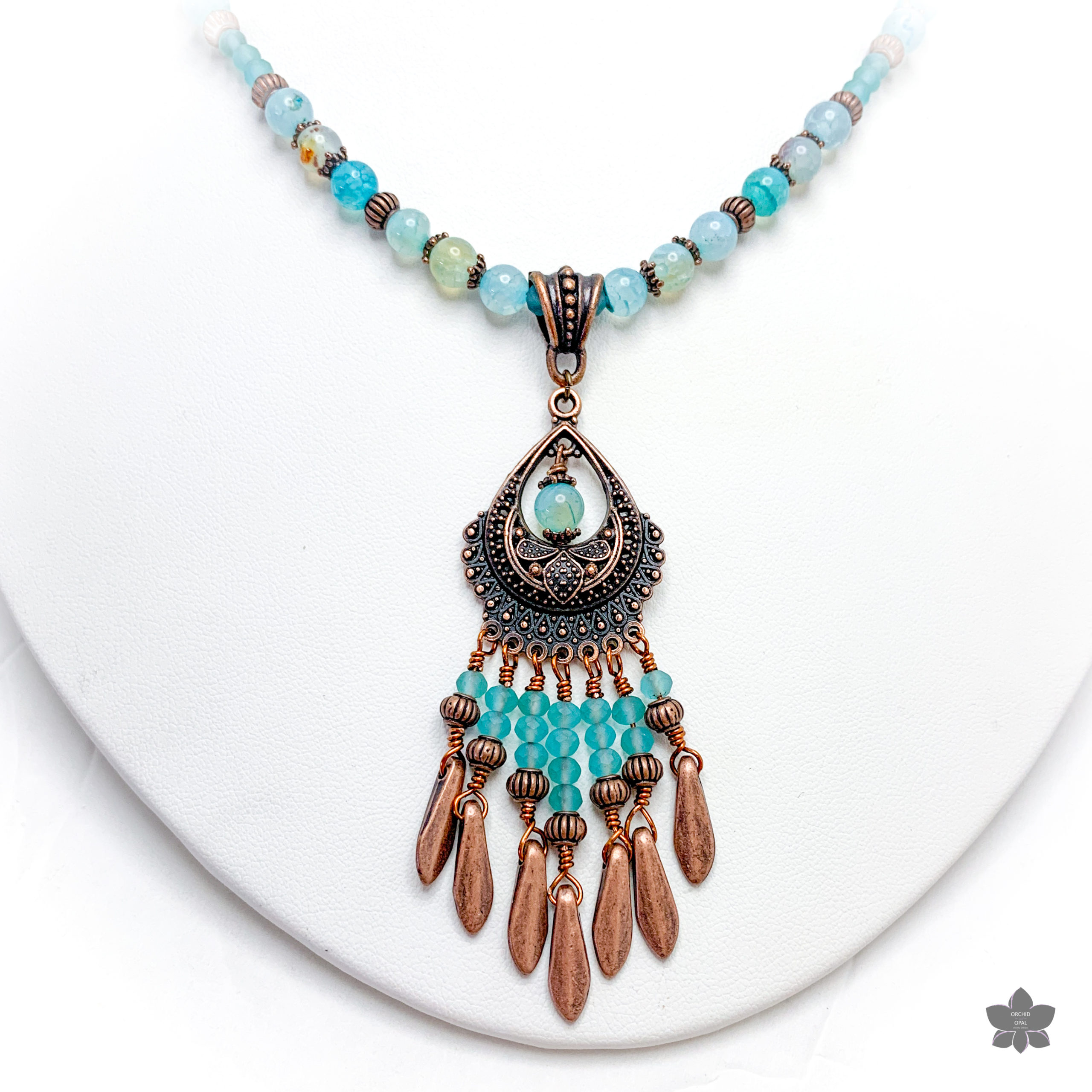 antique copper and aqua agate chandelier necklace and earrings