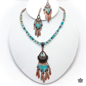 antique copper and aqua agate chandelier necklace and earrings