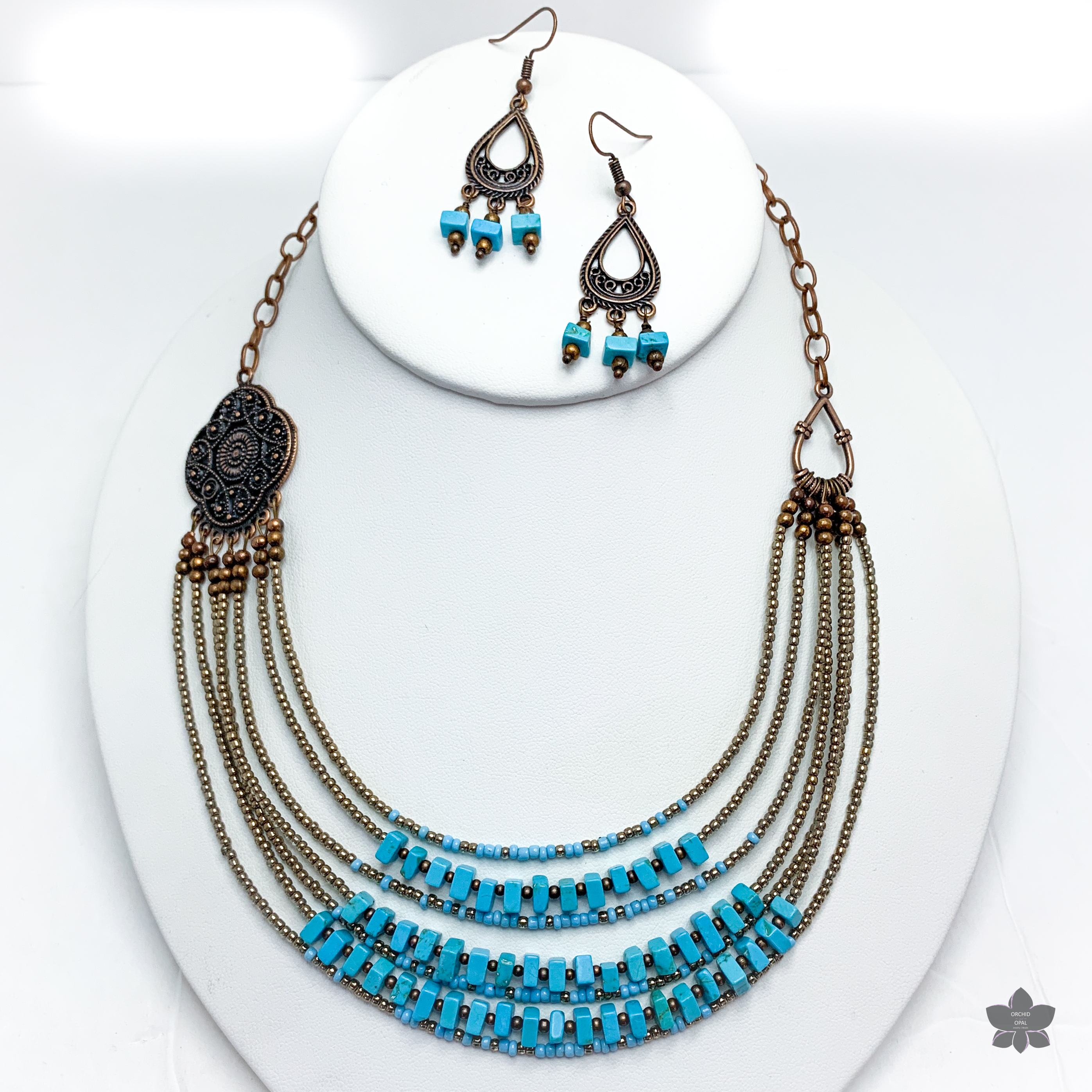 turquoise and bronze multistrand necklace set