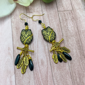 owl on perch earrings, black and gold