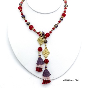 purple and red tassel lariat beaded necklace