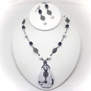 Black and White Howlite Slab Pendant Necklace Set on Silver
