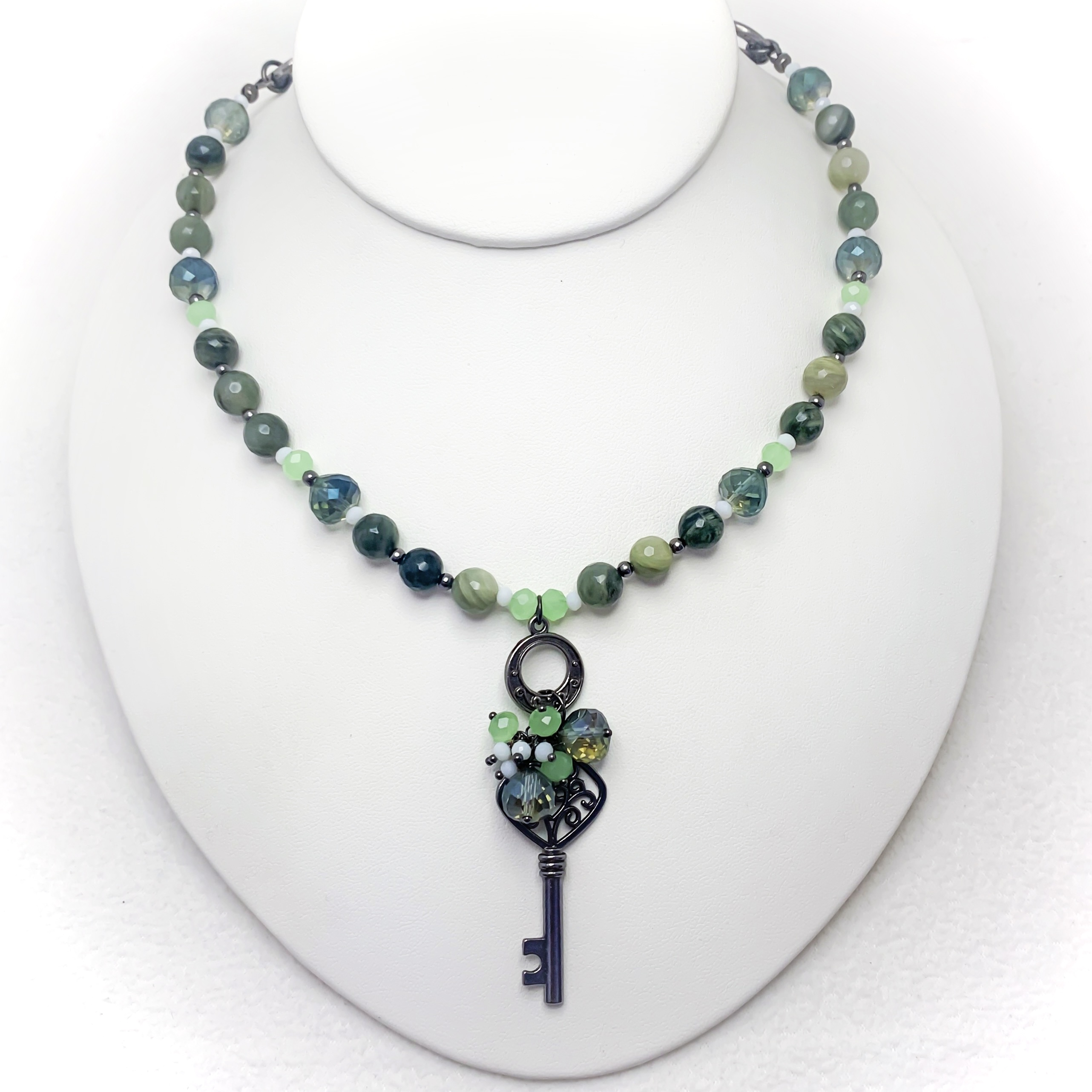 Green Line Jasper Beaded Key Pendant Necklace