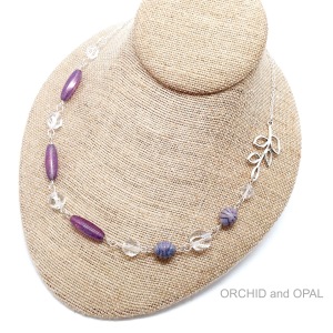 Purple and Crystal Beaded Asymmetrical Leaf Necklace on Silver Chain