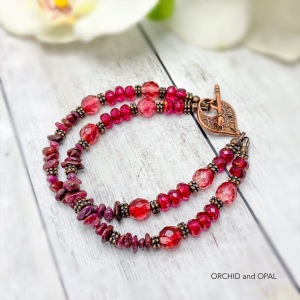 Garnet Chip and Pink Crystal Fire Polish Double Beaded Bracelet