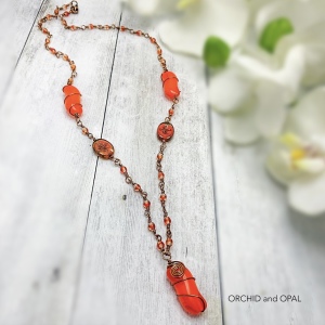 Orange and Copper Beaded and Wire Wrapped Pendant Necklace