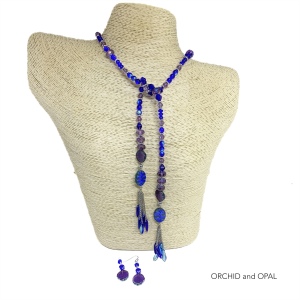 Blue and Purple Beaded Fringe Lariat Necklace and Earrings Set