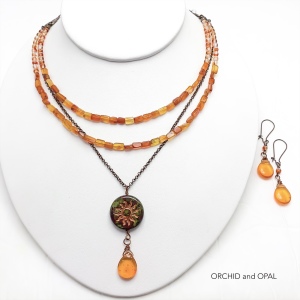 Copper and Carnelian Multi-Strand Beaded Sun Pendant Necklace Set