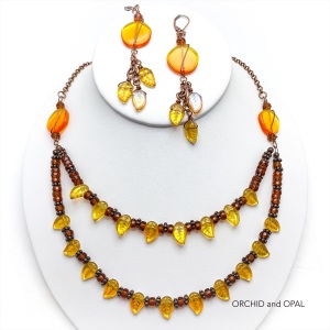 Copper Gold and Orange Beaded Leaf Multi-strand Necklace Set