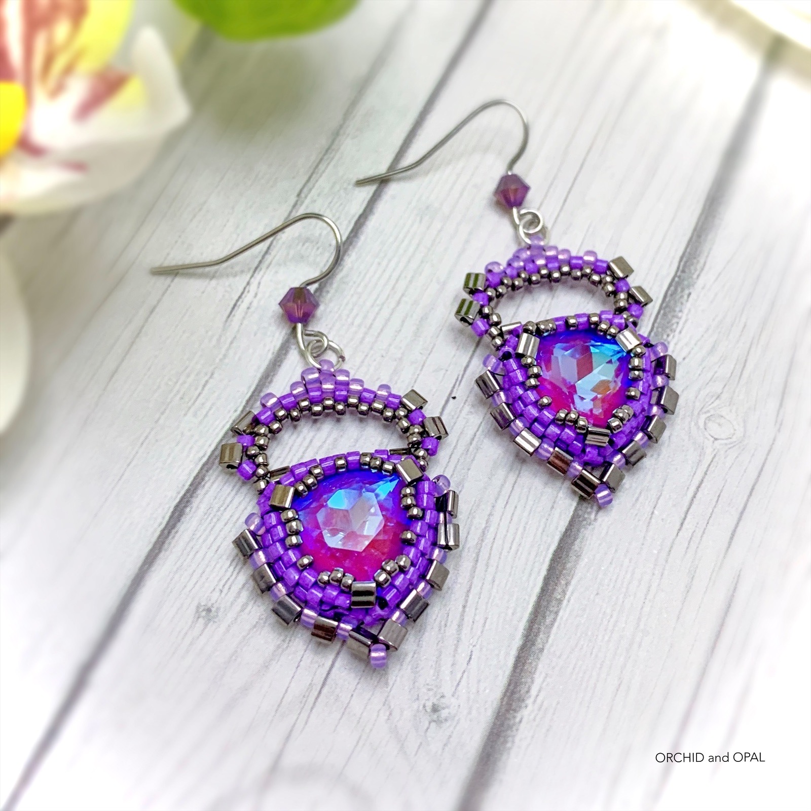 Purple Quatrefoil Earring Bead Pair, Porcelain Ceramic Charms