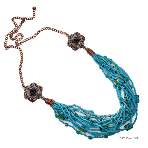 Multistrand Turquoise and Copper Czech Glass and Seed Bead Necklace Set