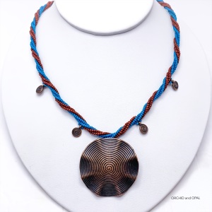 Twisted Teal/Brown Seed Bead Rope Necklace with Copper Pendant