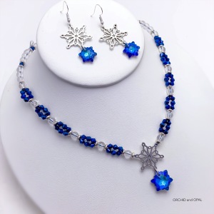 Blue Bicone and Quartz Snowflake Necklace and Earrings