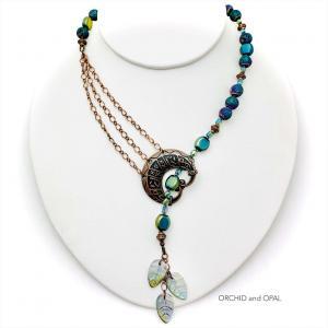 Blue Iris Electroplated Lava and Antique Copper Beaded Leafy Lariat Necklace