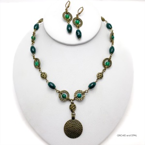 Green Agate and Antique Brass Beaded Necklace and Earrings Set