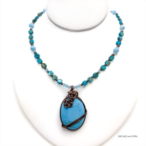 Turquoise Howlite Wire Wrapped Pendant Necklace with Ocean Jasper