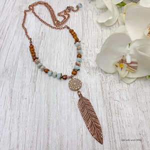 Amazonite Beaded Copper Feather Pendant Necklace