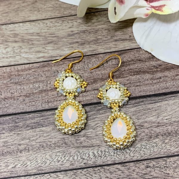 Petit Four Beaded Crystal Drop Earrings White Opal and Gold