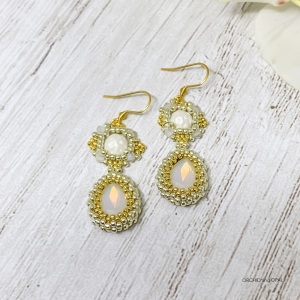 Petit Four Beaded Crystal Drop Earrings White Opal and Gold