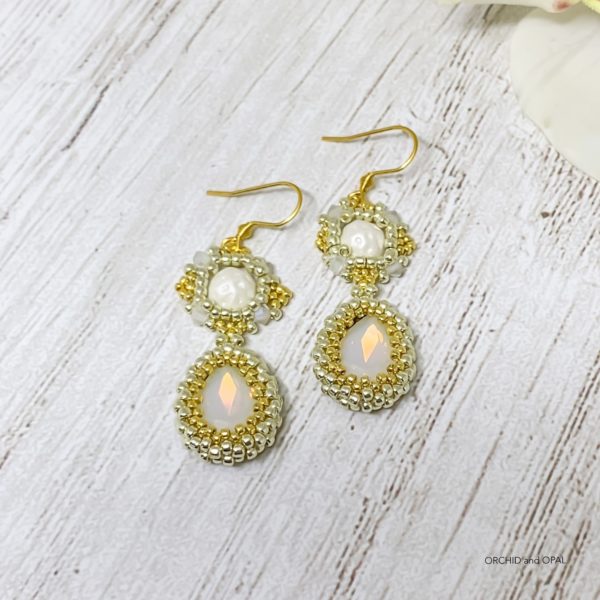 Petit Four Beaded Crystal Drop Earrings White Opal and Gold