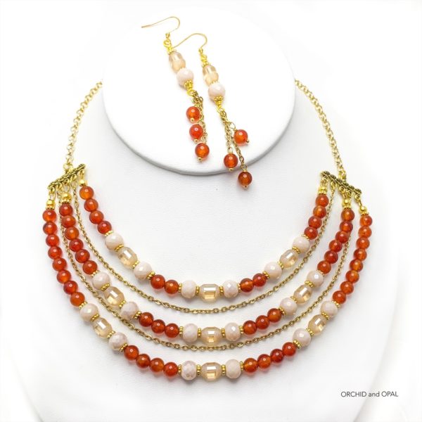Carnelian and Gold Multi-strand Necklace and Earrings Set