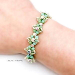 Beaded Crystal Bracelet - Rose Montee Marquise - Silver seed beads and light green rondelle beads.