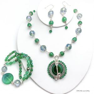 Wire Wrapped Green Aventurine and Crystal Pendant Necklace Set