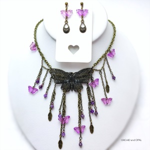 Butterfly Necklace Set - Purple and Antique Brass