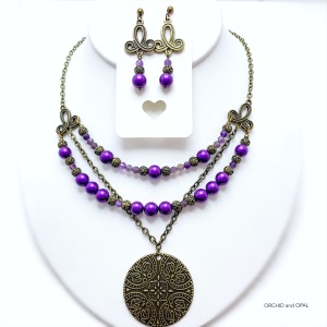 Purple Pearl and Antique Brass Multistrand Pendant Necklace Set