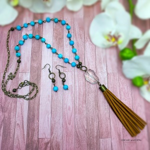 turquoise and brown suede tassel necklace set