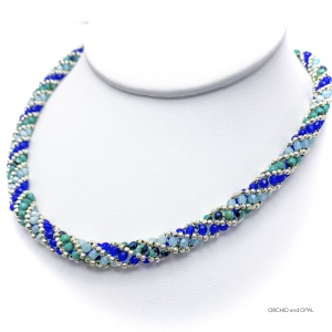 blue and turquoise beaded spiral rope necklace