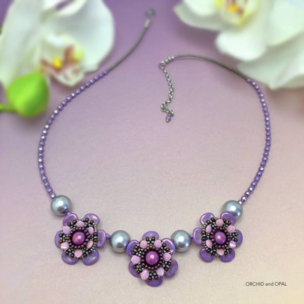 Precious Petals Beaded Flower Necklace in Silver and Purple