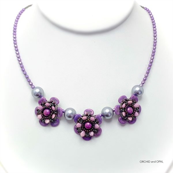 Precious Petals Beaded Flower Necklace in Silver and Purple