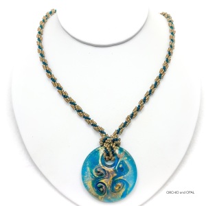 Teal and Gold Lampwork Glass Spiral Pendant Necklace