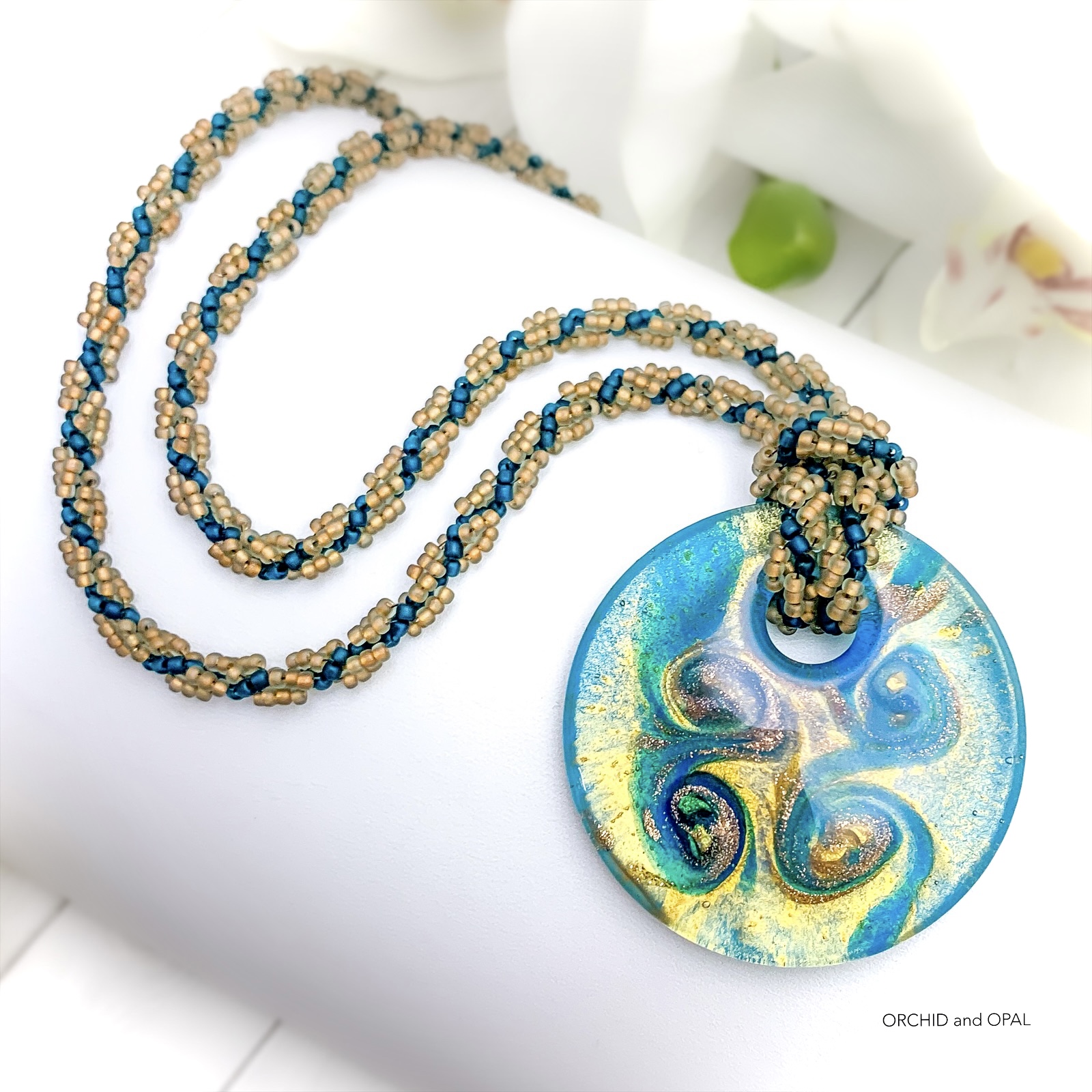 Teal and Gold Lampwork Glass Spiral Pendant Necklace