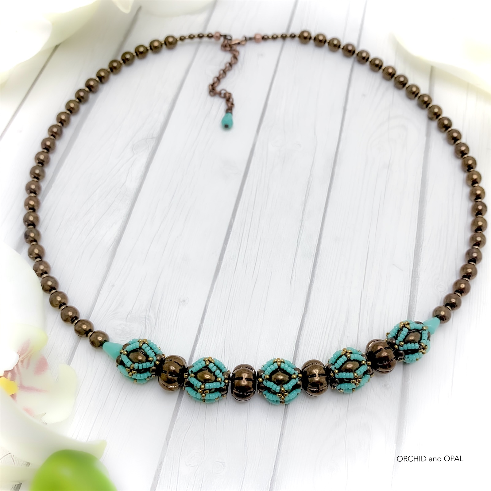 Turquoise and Dark Bronze Beaded Bead Necklace