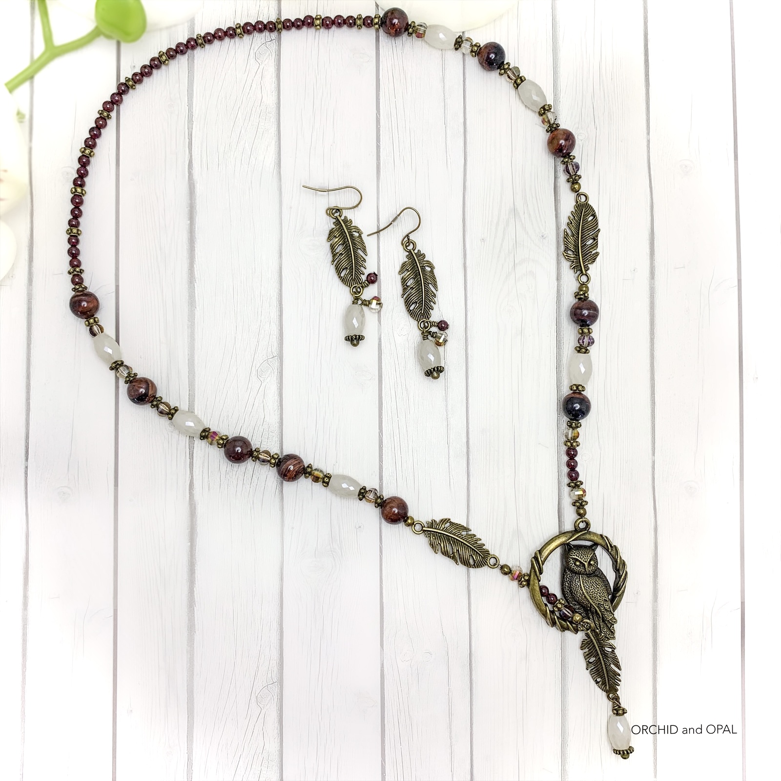 Antique Brass Owl Lariat Necklace Set