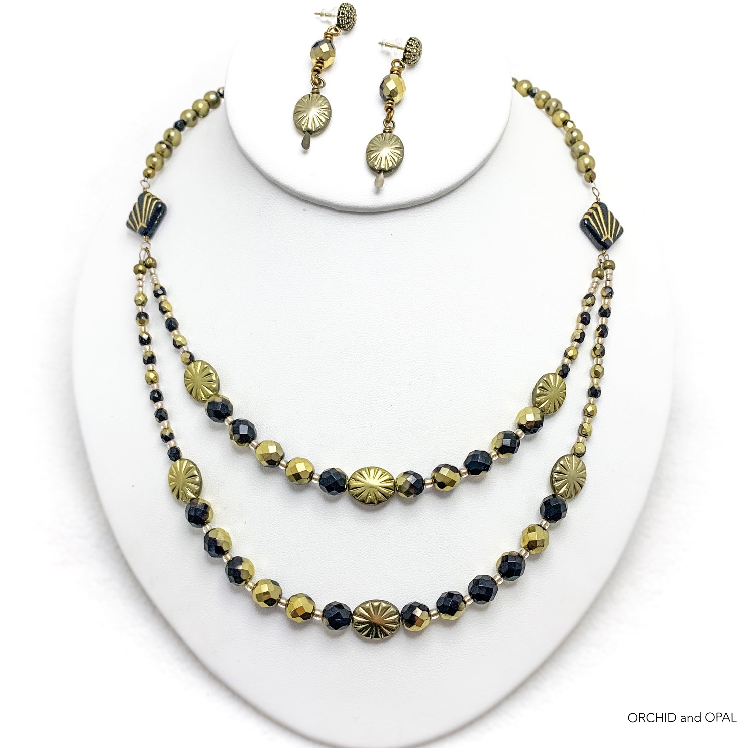 Black and Gold Two-Strand Beaded Art Deco Necklace